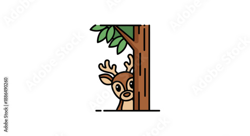 Cartoon Deer Peeking Behind a Tree with Green Leaves.
