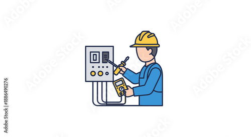 Illustrated Electrician in Hard Hat Repairing Control Panel with Screwdriver and Multimeter.
