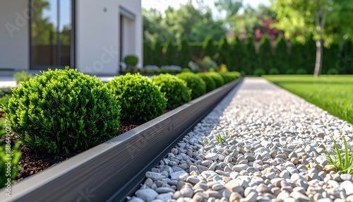 Lush green spherical boxwood bushes meticulously planted along a modern dark grey border with white gravel path and