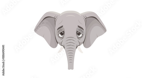Sad Cartoon Elephant Head with Big Ears and Tusks.