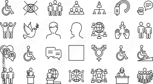 Set of social inclusion icons, diversity symbols, accessibility elements, disability rights, gender equality, community support, global unity, human rights, and cooperation (21 words)