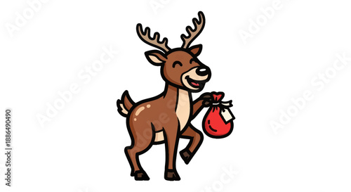 Cartoon Reindeer Carrying a Red Gift Bag with Antlers and Smiling Face.