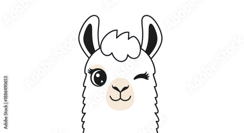 Cartoon Llama Winking with Fluffy White Fur and Black Outlines.
