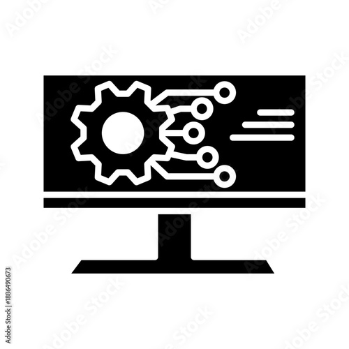 Line icon showing computer monitor with gear and circuit elements, symbolizing automation, digital transformation, and technology systems.