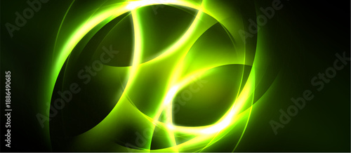 Abstract design features bright green glowing curves over dark background. Dynamic shapes create energetic visual impact.