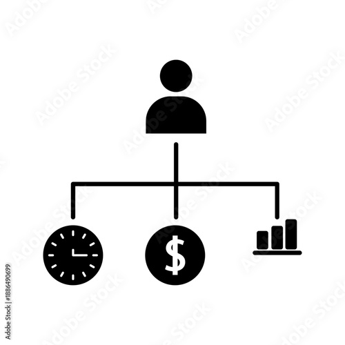 Minimal black and white icon illustrating business management hierarchy connected to time management, financial planning, and performance growth. Suitable for corporate, strategy, and analytics concep
