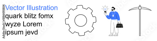 Innovation, technology, problem-solving, mining, teamwork, industrial processes. A gear, a businessman holding a light bulb and a pickaxe. Innovation and technology concept visualization