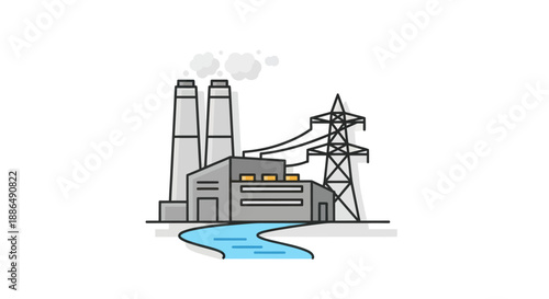 Cartoon Industrial Power Plant with Smokestacks and Electricity Pylon by a River.