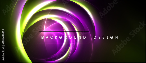 Abstract design features swirling neon lights. Purple, green hues blend into dark background. Modern, dynamic visual element.