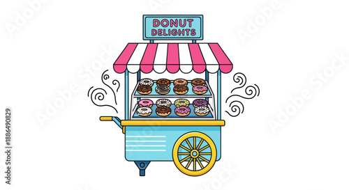 Charming cartoon illustration of a mobile donut delights food cart with a striped awning and fresh pastries.