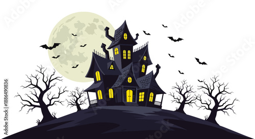 Vector illustration of a haunted house on a hill at night with glowing windows, bare trees and flying bats, creating a spooky Halloween atmosphere in clean flat vector style