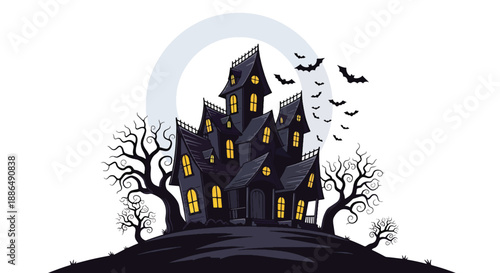 Vector illustration of a haunted house on a hill at night with glowing windows, bare trees and flying bats, creating a spooky Halloween atmosphere in clean flat vector style