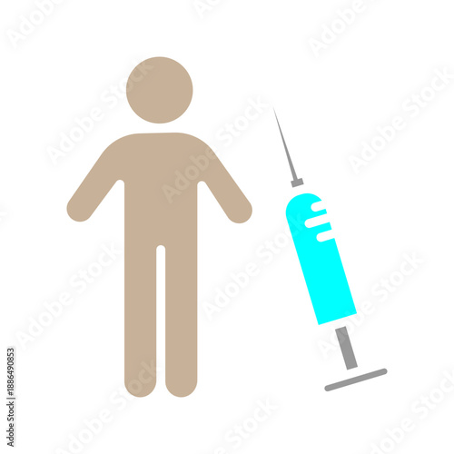 Minimal black icon showing human figure with syringe symbol, representing vaccination, injection, and medical treatment. Suitable for healthcare campaigns and medical education.