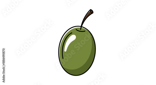 Single Green Olive with Stem Isolated on White Background.