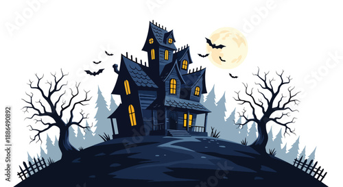 Vector illustration of a haunted house on a hill at night with glowing windows, bare trees and flying bats, creating a spooky Halloween atmosphere in clean flat vector style