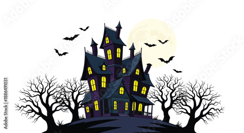 Vector illustration of a haunted house on a hill at night with glowing windows, bare trees and flying bats, creating a spooky Halloween atmosphere in clean flat vector style