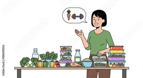 A smiling woman preparing healthy meals promoting a balanced diet and fitness with food containers and fresh vegetables.