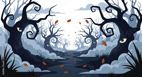 Vector illustration of a spooky forest path with twisted trees and glowing eyes, capturing eerie night atmosphere for Halloween and fantasy horror themes in flat vector style