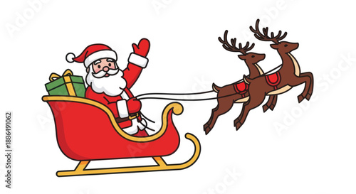 Cartoon Santa Claus in Red Sleigh Pulled by Reindeer Christmas.