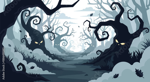 Vector illustration of a spooky forest path with twisted trees and glowing eyes, capturing eerie night atmosphere for Halloween and fantasy horror themes in flat vector style