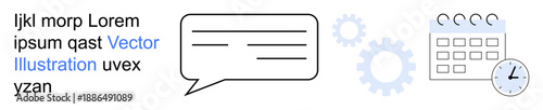Communication, business planning, collaboration, time management, scheduling, and productivity. Minimalist speech bubble, gears and calendar with a clock. Communication and business planning concept