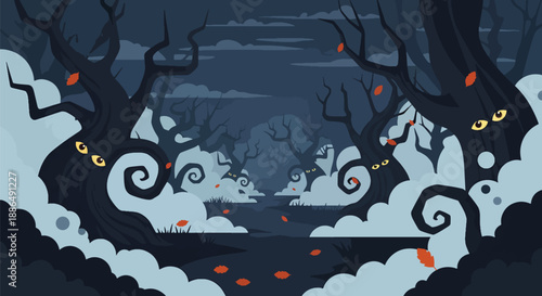 Vector illustration of a spooky forest path with twisted trees and glowing eyes, capturing eerie night atmosphere for Halloween and fantasy horror themes in flat vector style