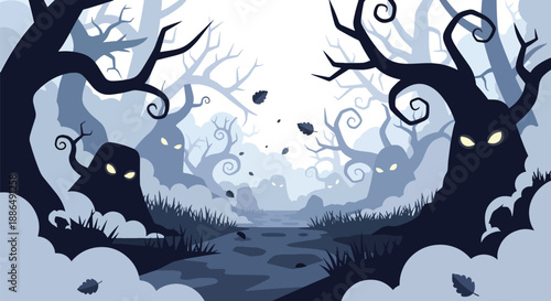 Vector illustration of a spooky forest path with twisted trees and glowing eyes, capturing eerie night atmosphere for Halloween and fantasy horror themes in flat vector style