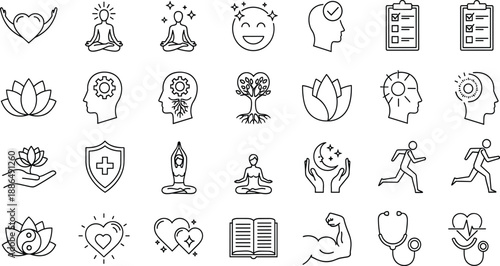 Set of wellness icons, meditation symbols, mental health elements, yoga poses, heart care, lotus flower, mindfulness, healthy lifestyle, medical insurance, and self-care outline vector (21 words)