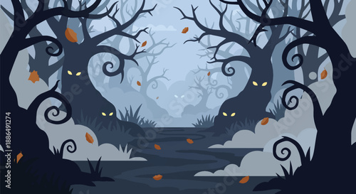 Vector illustration of a spooky forest path with twisted trees and glowing eyes, capturing eerie night atmosphere for Halloween and fantasy horror themes in flat vector style