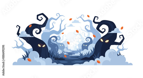 Vector illustration of a spooky forest path with twisted trees and glowing eyes, capturing eerie night atmosphere for Halloween and fantasy horror themes in flat vector style
