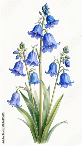 Watercolor bluebell botanical illustration with blooming spring flowers and green leaves isolated on white background