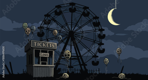 Vector illustration of an abandoned carnival at night with broken ferris wheel and eerie silence, perfect for spooky Halloween and mystery themes in flat vector style