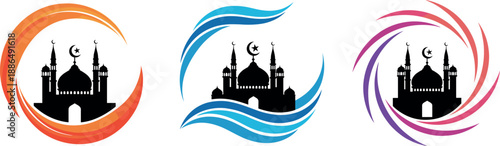 Dynamic swirl frame Ramadan mosque vector illustration set for modern Islamic festival design