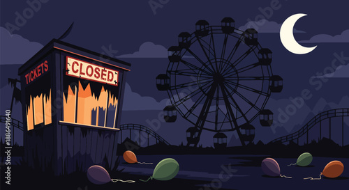 Vector illustration of an abandoned carnival at night with broken ferris wheel and eerie silence, perfect for spooky Halloween and mystery themes in flat vector style