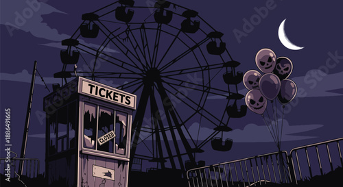 Vector illustration of an abandoned carnival at night with broken ferris wheel and eerie silence, perfect for spooky Halloween and mystery themes in flat vector style