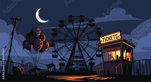 Vector illustration of an abandoned carnival at night with broken ferris wheel and eerie silence, perfect for spooky Halloween and mystery themes in flat vector style