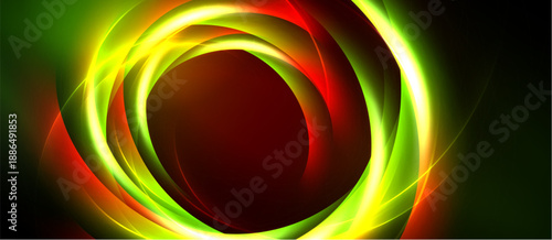 Abstract swirls, vibrant colors blend. Concentric rings dominate composition, creating dynamic visual effect. Dark background enhances luminosity.