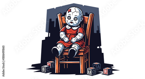 Vector illustration of a creepy doll sitting alone in a dark room, creating an unsettling horror mood while remaining playful and microstock-safe in flat vector style