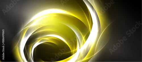 Abstract swirls, yellow glows dominate dark background. Dynamic lines create energy, visual impact. Smooth gradients suggest movement, depth.
