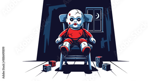 Vector illustration of a creepy doll sitting alone in a dark room, creating an unsettling horror mood while remaining playful and microstock-safe in flat vector style