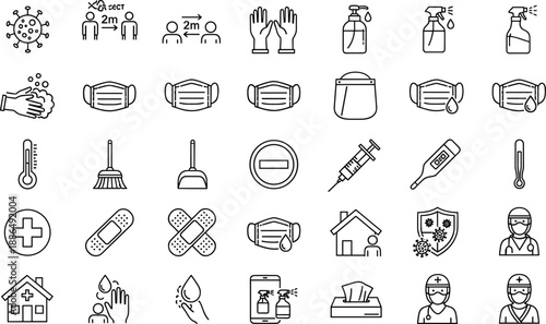 Vector line icon set for coronavirus protection, hygiene, and medical safety, including face mask, sanitizer, vaccine, and social distancing.