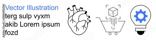 Healthcare, innovation, e-commerce, creative solutions, technology, digital tools. Stylized heart, shopping cart with cube light bulb with gear. Healthcare and innovation in visual symbols