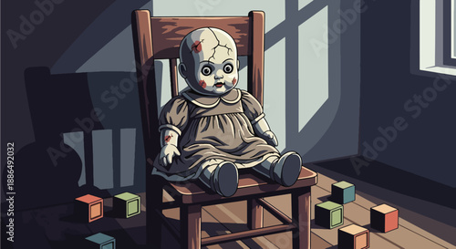 Vector illustration of a creepy doll sitting alone in a dark room, creating an unsettling horror mood while remaining playful and microstock-safe in flat vector style