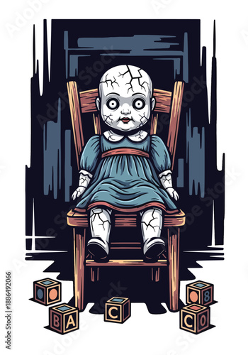 Vector illustration of a creepy doll sitting alone in a dark room, creating an unsettling horror mood while remaining playful and microstock-safe in flat vector style