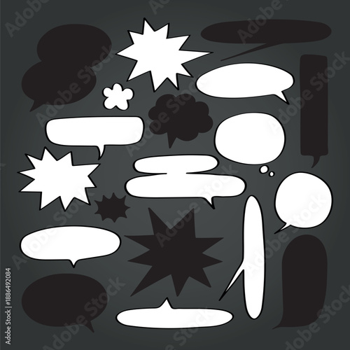 A collection of various black and white speech bubbles on a dark background. Speech bubbles in different shapes and sizes, perfect for comics or design projects. Message illustration vector.