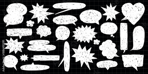 Chalk-style speech bubbles on a black grid background. Various shapes like clouds, stars, and hearts. Speech bubbles for creative design. Chalk and speech bubbles theme. Message illustration vector.