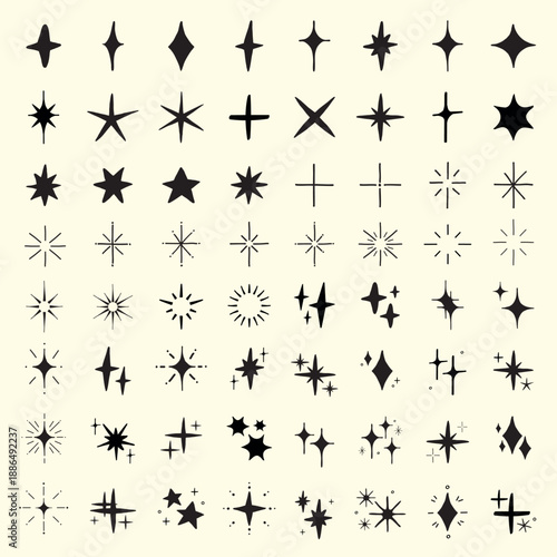 Collection of black starburst icons on a light background. Starburst designs vary in shape and size. Ideal for graphic design and creative projects. Element vector set.