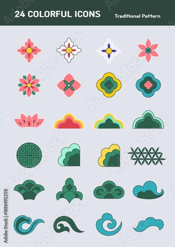 Colorful Traditional Korean Pattern Icon Set 