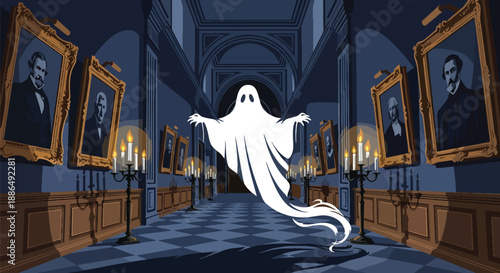 Vector illustration of a floating ghost in a long mansion hallway, blending playful and spooky horror elements in clean flat vector illustration style