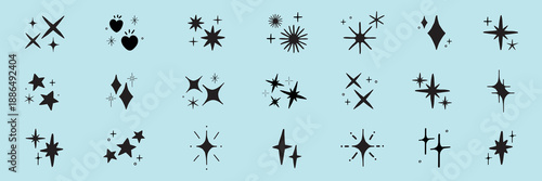 Collection of black star and sparkle icons on a light blue background. Various star shapes and sparkles create a whimsical, decorative pattern. Star icons repeat. Element vector set.